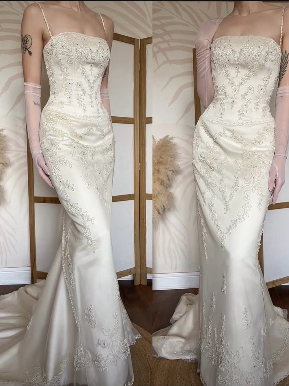 Elegant Ivory Embroidered Satin Wedding Gown